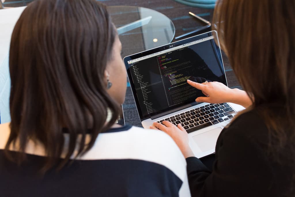 Two colleagues looking at code on a laptop screen together while one points to a detail